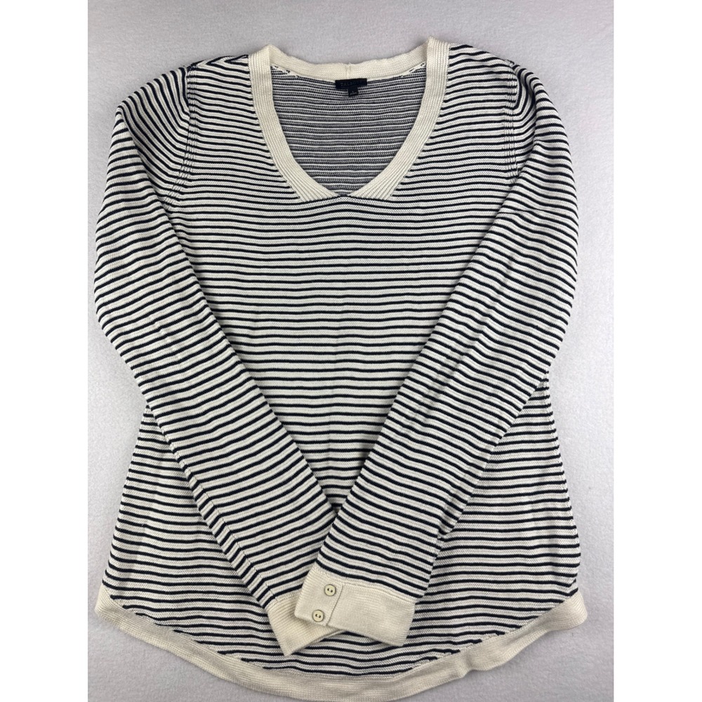 Talbots Womens Striped V-Neck Sweater Navy Cream Long Sleeve Size L